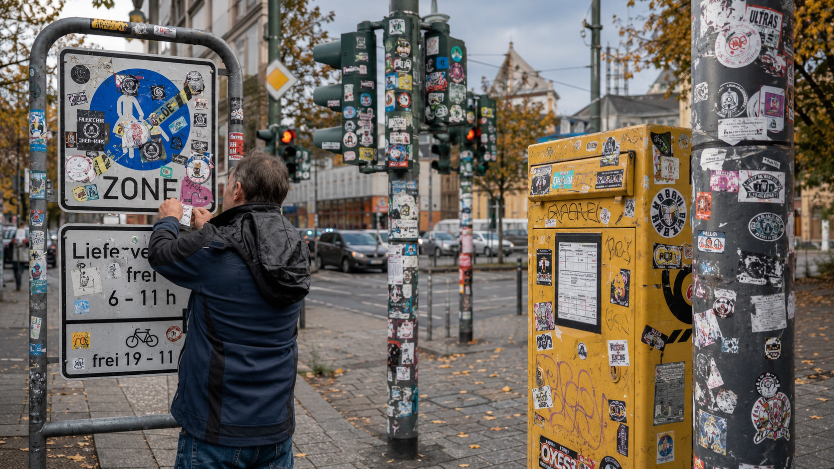 Beklebte Verkehrsschilder, Ampeln und Schaltschränke im Stadtraum